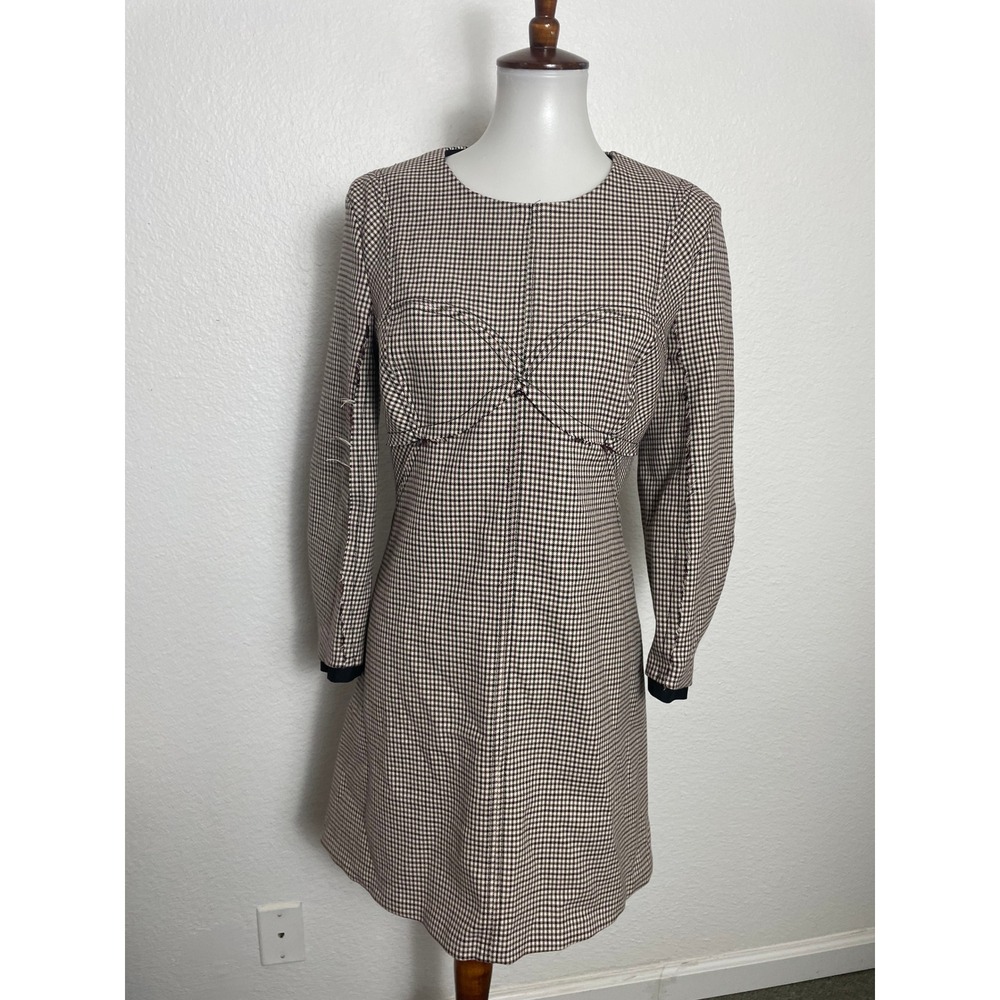 Topshop Checkered Mini Dress Womens 10 Brown 60s Mod Dark Academia A-Line
